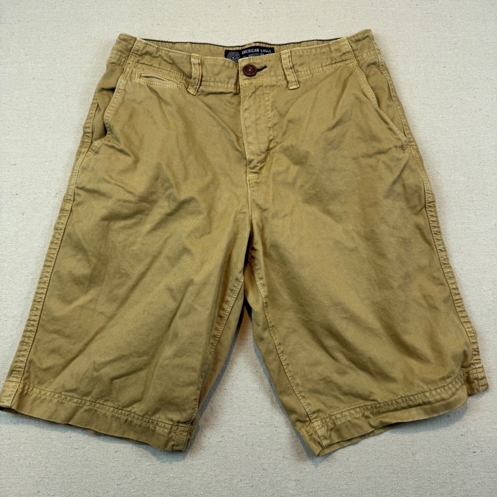 American Eagle 30 Chino Shorts Mens Khaki Tan Longer Length Cotton Twill